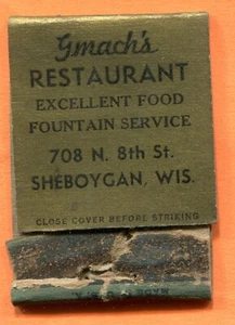 Sheboygan, WI, Gmach's Restaurant 708 N. 8th St Vintage Matchbook Cover Art Deco - Picture 1 of 3