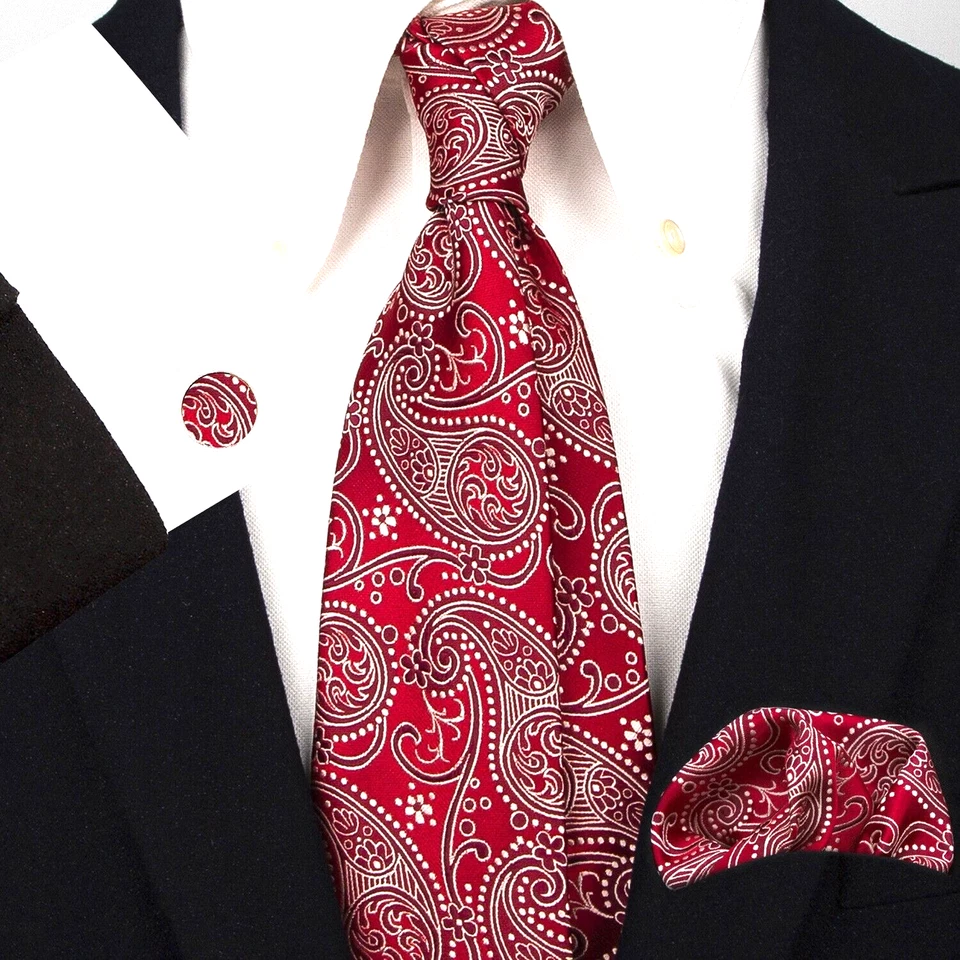 Clásico Paisley Rojo Marrón Jacquard Seda Hombre Corbata Corbata Hanky Juego de Gemelos Foto 1 de 1