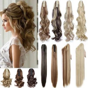 REAL Natural Claw On Ponytail Clips In On AS Human Hair Extensions Long 12"-26" - Picture 1 of 26