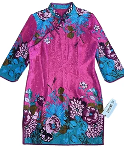 NWT Stylewe KK2 Fuschia Floral Oriental Asian Style Crinkle Mini Dress Size XL - Picture 1 of 12