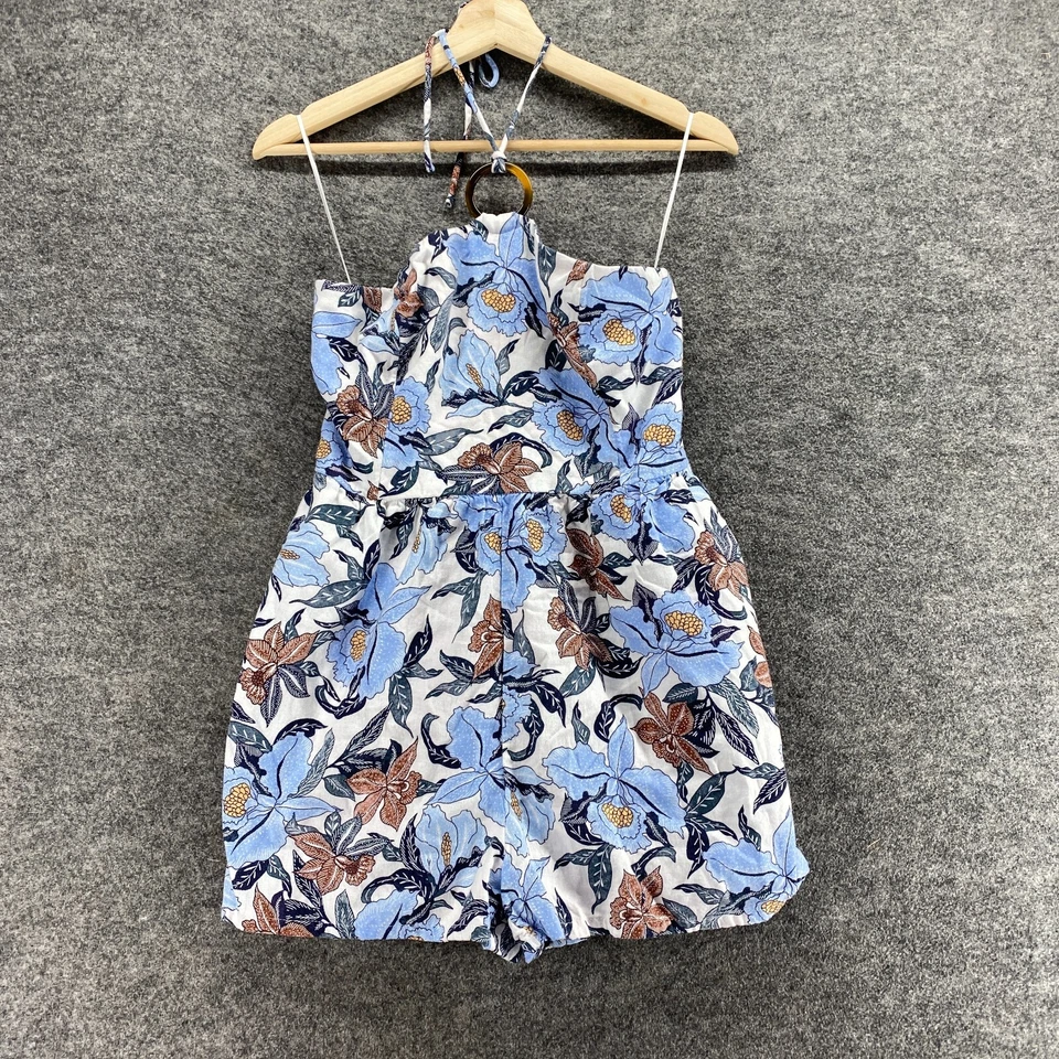 Old Navy Jumpsuit Women L Large Blue Floral Sleeveless Halter Neck Linen Casual - Image 1 of 4