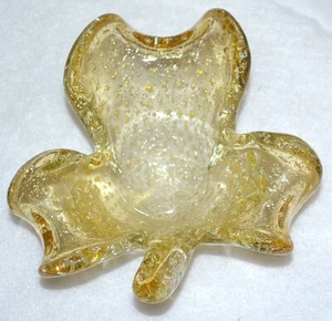 VINTAGE MURANO Art Glass YELLOW Clover LEAF shaped ASHTRAY, DISH W/Gold Fleck - Picture 1 of 11