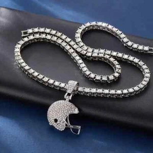 Hip Hop Football Helmet Pendant Iced 1 Row Cubic Zirconia Tennis Chain Necklace - Picture 1 of 12