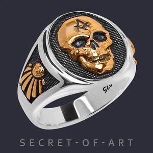 Masonic Ring Skull All Seeing Eye Memento Mori Freemason 925 Silver Gold-Plated - Picture 1 of 12