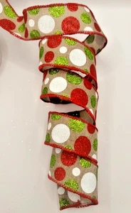 Red White Green Burlap glitter Polka Dot Christmas Holiday Ribbon 1.5" wire 30ft - Picture 1 of 3
