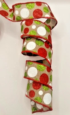 Red White Green Burlap glitter Polka Dot Christmas Holiday Ribbon 1.5" wire 30ft - Image 1 of 3