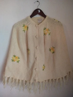 复古 Barbara Lee Cape 针织羊毛披肩 Med 花卉刺绣条纹几点 — 第 1/4 张图片