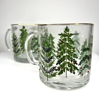 Árbol de Navidad Vidrio Taza de Café Taza de Té Estrás Borde Dorado Juego de 2 Vacaciones NUEVO Foto 1 de 4