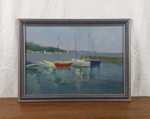 Hafen Ölgemälde, Segelboote auf dem Wasser, Original Küstenimpressionistische Szene - Bild 1 von 12