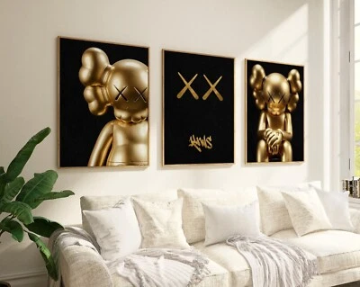Juego de 3 piezas de arte Kaws doradas pared decoración del hogar retratos galería fan art idea de regalo Foto 1 de 4