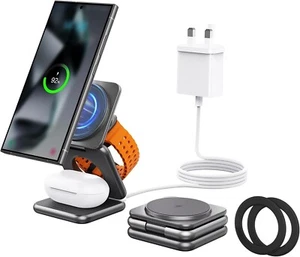Foldable 3 in 1 Wireless Charging Station for Samsung, KU XIU Magnetic Travel Ch - Picture 1 of 8