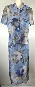 Vintage Miss Dorby 2 Piece Dress Set - Size 14 - Blue Crinkle Floral Print - Picture 1 of 17