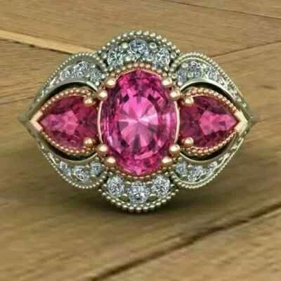 Anillo de boda de zafiro rosa de corte ovalado creado en laboratorio de 3 quilates de oro blanco de 14 quilates Foto 1 de 3