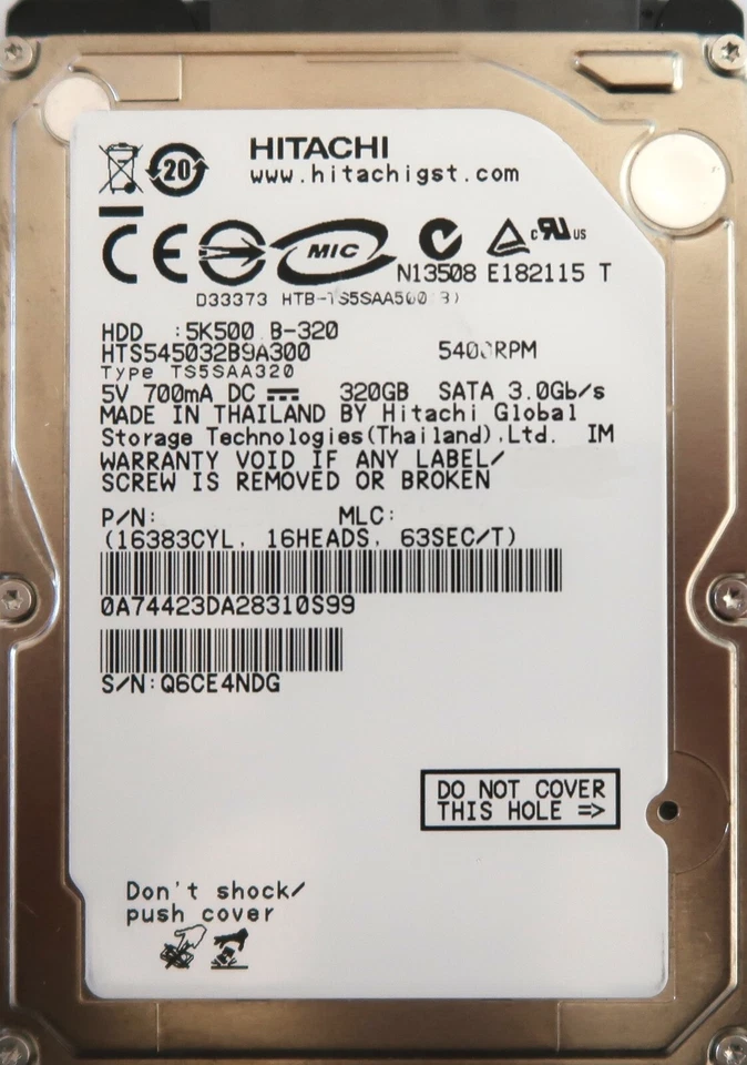 Hitachi HTS545032B9A300 5K500 B-320 3Gbs 5400rpm 2.5" 320gb Sata hard drive - Image 1 of 1