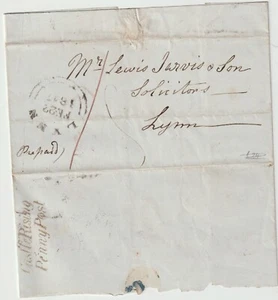 1847 NORFOLK - CASTLE RISING PENNY POST WRAPPER TO LEWIS JARVIS KINGS LYNN - Picture 1 of 1