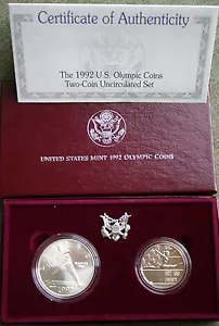 1992 Olympic 90% Silver Baseball Dollar & Gymnast Half BU 2-Coin with Box + COA - Picture 1 of 3