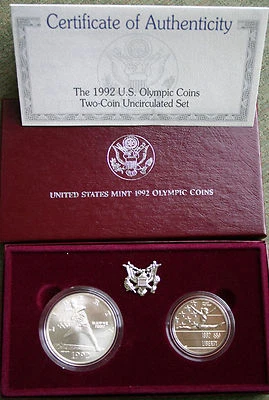 1992 Olympic 90% Silver Baseball Dollar & Gymnast Half BU 2-Coin with Box + COA - Image 1 of 3