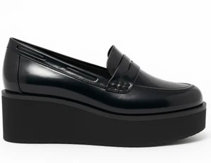 Damen Schwarz Grobe Halbschuhe Slipper Freizeit Lack Damen Penny Loafer Größe - Bild 1 von 6