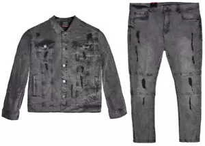 MEN 2-PIECE CLASSIC REPLUSIVE DISTRESSED WASHED SPLASHED SOLID OUTWEAR CASUAL - Picture 1 of 20