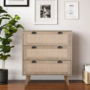 Rattan Cabinet Boho Dresser Chest of Drawers Accent Storage Cabinet Nightstand - Picture 1 of 14