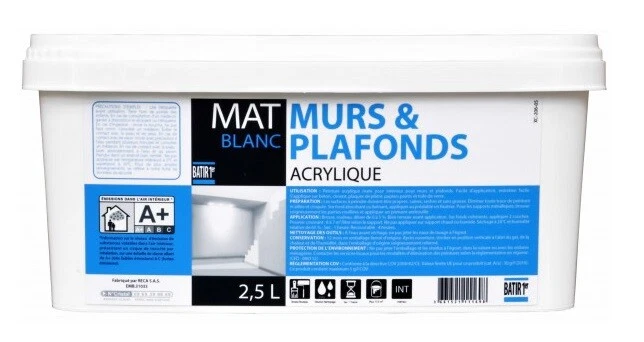 PEINTURE ACRYLIQUE DECORATION MURS PLAFONDS BATIR BLANC MAT 2.5L