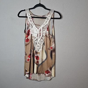 Y2K Butterfly Tank Top Blouse White Lace Brown Tan Red Lightweight Size Medium  - Picture 1 of 11