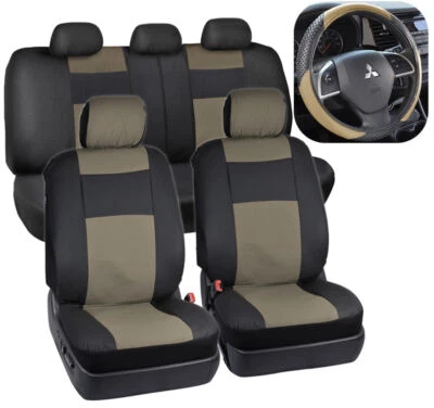 Beige & Black PU Leather Car Seat Covers Set & Non-Slip Steering Wheel Cover - Image 1 of 4