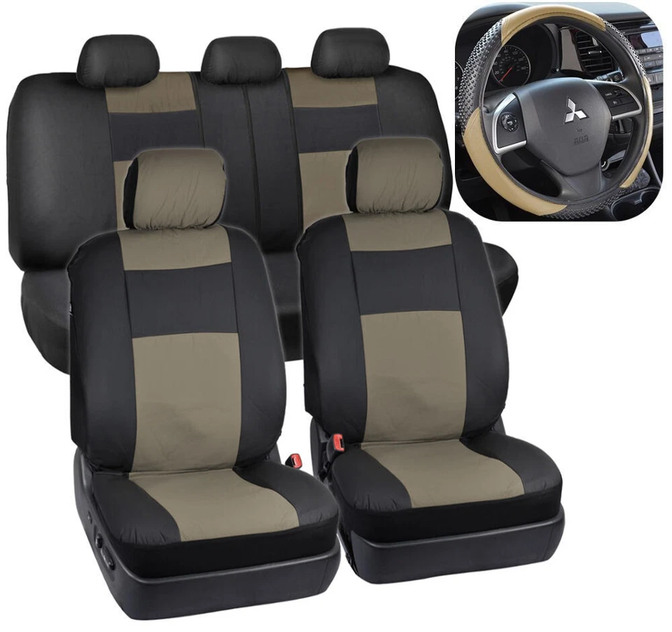 Beige & Black PU Leather Car Seat Covers Set & Non-Slip Steering Wheel Cover - Image 1 of 4