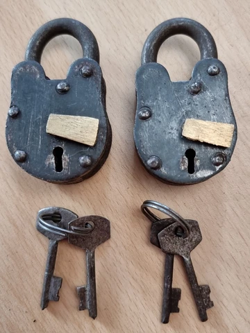 Matched Pair Of Antique Handmade Padlocks With 4 Keys Working Hand Cut And Cover