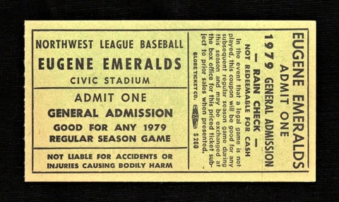 orig. 1979 EUGENE EMERALDS *Unused Minor League Baseball Ticket* Eugene, Oregon Cover