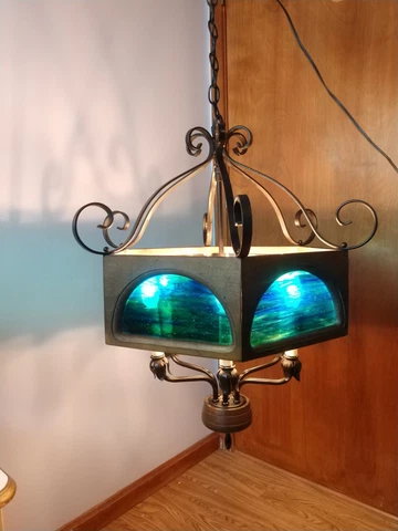 MEDITERRANIAN VIBES! Vintage Slag Glass Chandelier 6 ARM Wood Wrought Iron MCM Cover