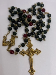 Vintage Catholic Red & Green Glass Beads Nativity Rosary Gold Tone Crucifix 20” - Picture 1 of 8