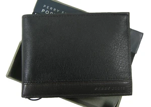 Perry Ellis Portfolio Genuine Leather Passcase Wallet W/Removable ID Black Brown - Picture 1 of 10