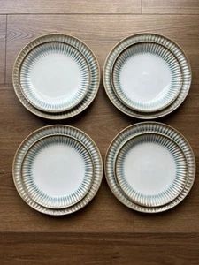 Laurie Gates mid century inspired cream blue stoneware plate set of 8 - Picture 1 of 4