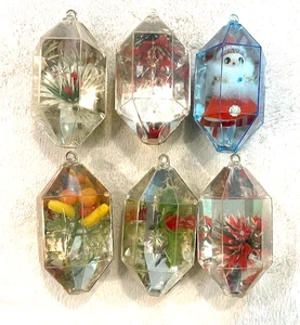 6 Vintage Santa/FRUIT/FLOWERS Hexagon Diorama Christmas Ornaments Jewel Brite - Picture 1 of 1