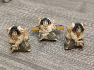Vintage Japanese Samurai Cuff Links and Tie Bar Hand Carved and Painted RARE - Picture 1 of 14