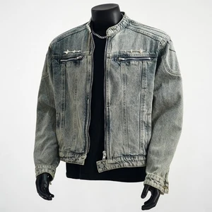 Giacca uomo corta denim cerniera retrò cappotto jeans cerniera stile western hip hop chic - Foto 1 di 13