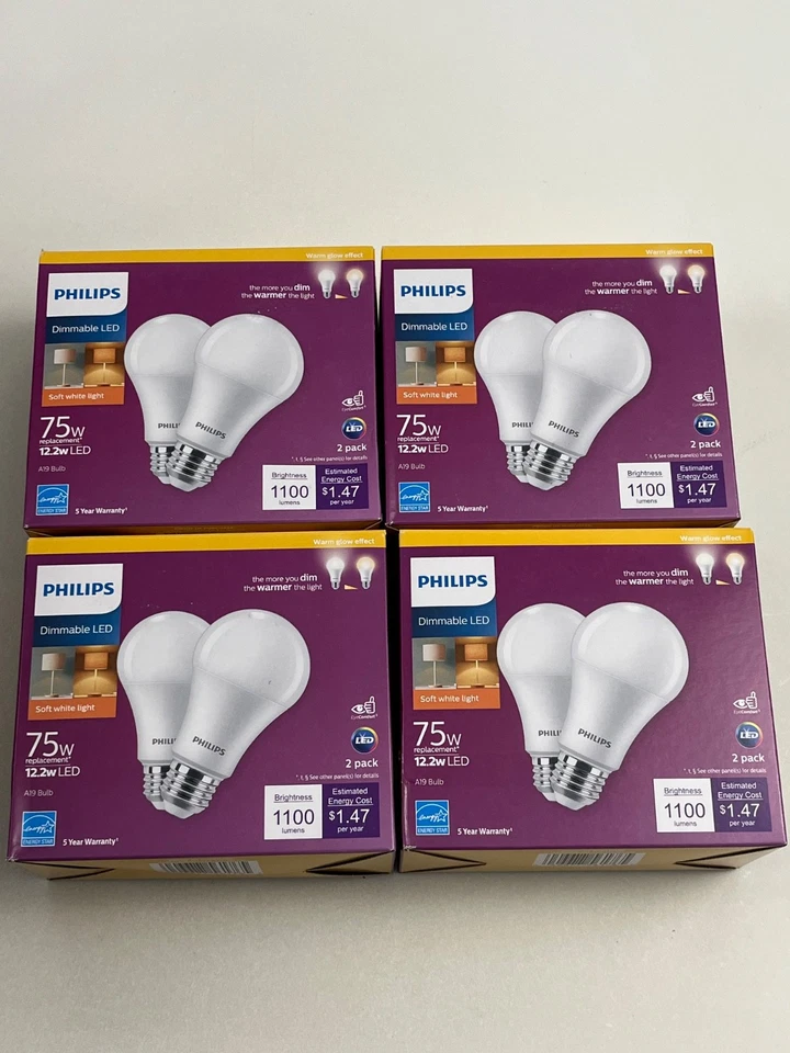 (8) Philips A19 Bulb Soft White 12.2w LED 75w 1100 Lumens - NEW - Image 1 of 3