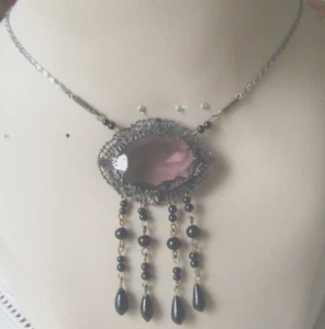 Antik Halskette Jugendstil Oval Kronleuchter Anhänger Antik Amethyst Böhmisches Glas - Bild 1 von 10