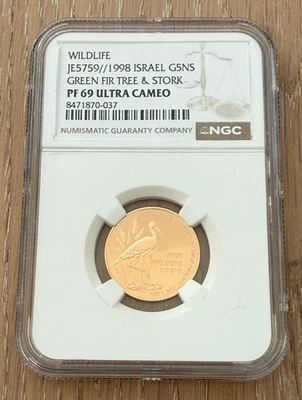 Israel 1998 Gold 1/4 oz 5 New Sheqalim NGC PF69UC Green Fir Tree and Stork - Image 1 of 2