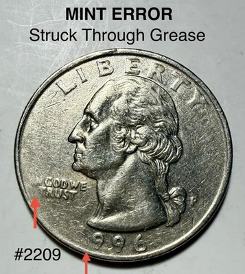 1996 Washington Quarter * Struck Through Grease * Mint Error * Partial Motto - Image 1 of 3