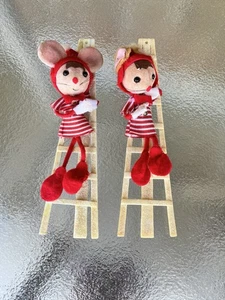 2 Vintage Pixie Elfe Mäuse auf Leiter Weihnachtsschmuck Hongkong - Bild 1 von 7