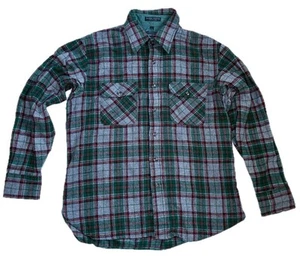 Mens Peter England Wool Blend Flannel Shirt Large Green Gray Red Chore Rustic - Picture 1 of 5