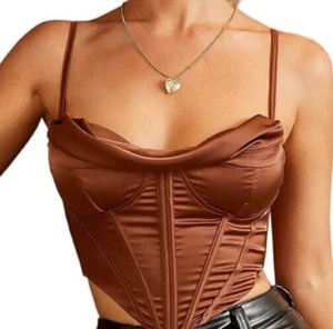 PARTHEA Satin Spaghetti Strap Party Crop Top Rave Cute Zip Back Corset XL NWT! - Picture 1 of 3