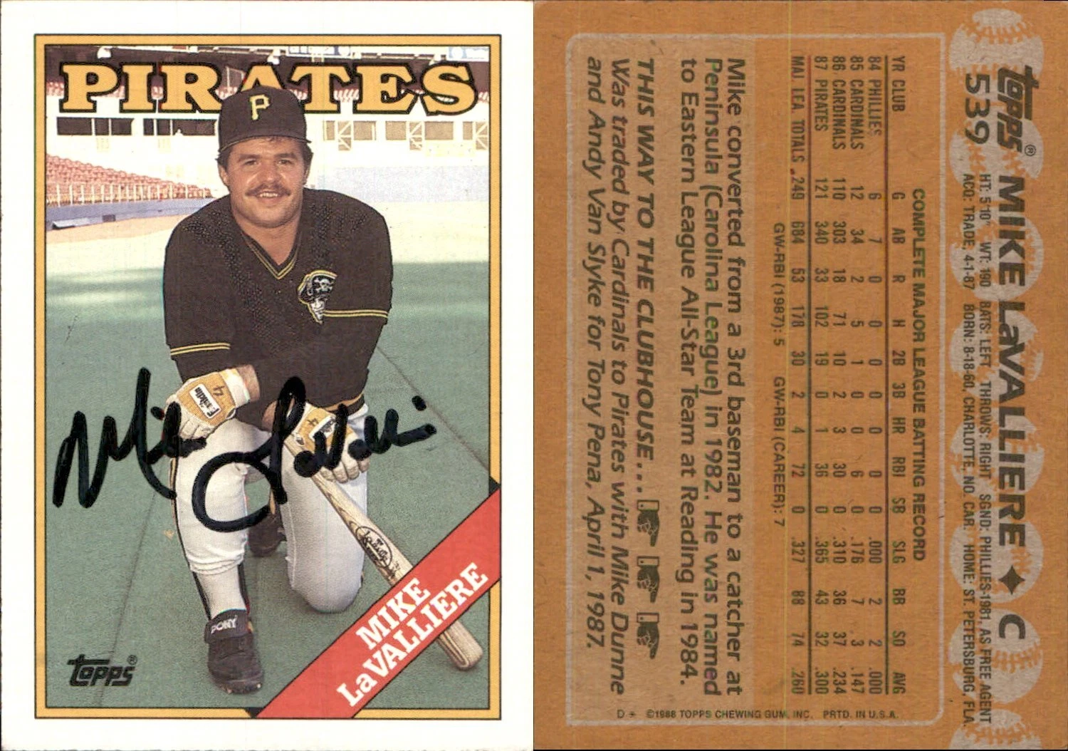 Mike LaValliere Signed 1988 Topps #539 Card Pittsburgh Pirates Auto AU