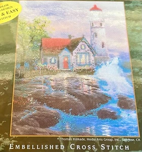 Thomas Kincaid LIGHT HOUSE OCEAN HOME Embellished Cross Stitch Kit 10”x8” - Picture 1 of 6