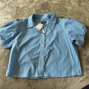 Neu mit Etikett J. Crew Gamine Puffärmel blau gestreift Baumwolle Shirt Damen 16 Knopfleiste - Bild 1 von 8