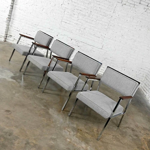 Mid-Century Modern Industrial Style Chrome & Gray Armchairs by Steelcase set 4 Cover