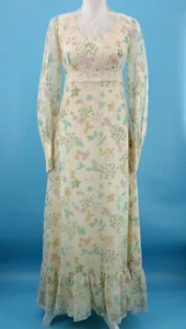Maxi Vestido Pradera De Colección Para Mujer Años 70 Crema con Estampado de Hojas Pastel y Encaje XS/S 70s - Imagen 1 de 17