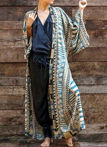 Beige Teal Blue Boho Ethnic Holiday Beach Coverup Kimono Kaftan Jacket  8 10  - Picture 1 of 11